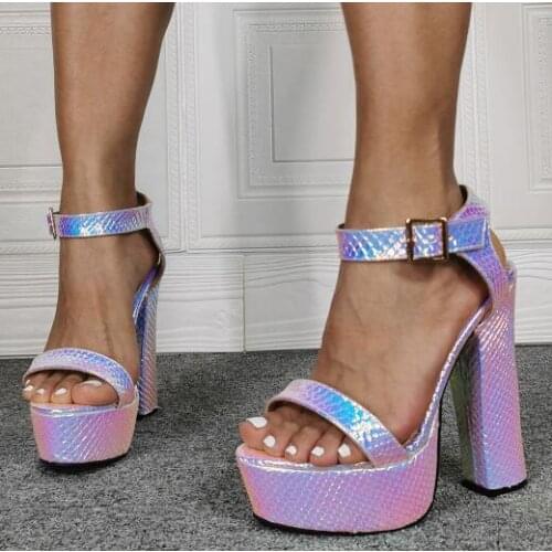 Linamong Woman Fashion Laser Lavender Chunky Heels Sandals Summer One Line Buckle Strap High Heel Platform Sandals Shoes