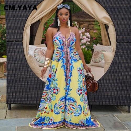 CM.YAYA Women Plus Size Jumpsuit Print Sleeveless Strap V-neck Hollow Out Loose Wide Leg Jumpsuits Sexy Fashion Outfits Summer