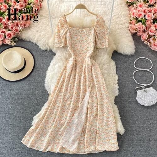HangCode French Romantic Floral Print Split Long Dress Summer Short Sleeve Elegant Square Collar Split Party Dress Women Vestido