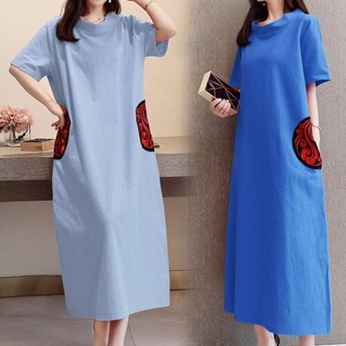 Vintage Dress Women Summer 2019 Red Short Sleeve Retro Dress Chinese Style Solid Color Cotton Linen Loose Vietnam Dress TA1659