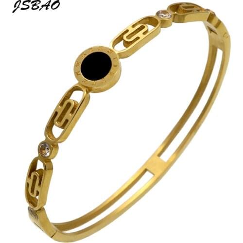 JSBAO Top Quality Charms Women Roman Numerals Bangles Bracelets For Lady Girls Stainless Steel Black Shell Crystal Love Jewelry