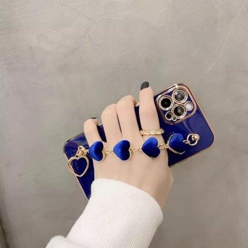 Heart Fabric Bracelet Hand Holder Cover For iPhone 12 11 Pro Max 7 8 Plus Mini XR XS X Luxury Love Heart Plated Gold Case