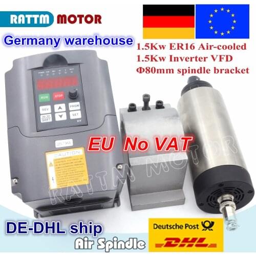 【EU free VAT】 1.5KW Air cooled spindle motor 80x200mm ER16 & 1.5KW VFD 220V inverter & 80mm clamp aluminium bracket for CNC MiLL