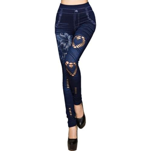 Fashion Slim Women Leggings Faux Denim Jeans Leggings Sexy Hole Heart Printing Casual Women Clothing Pencil Pants Plus size