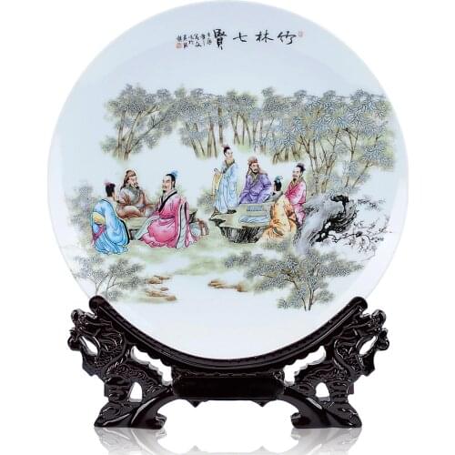 Art Ceramic Ornamental Plate Seven Sages Of The Bamboo Plate Decoration Plate Wood Base Chicken Porcelain Plate Set Wedding Gift