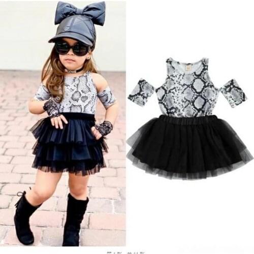 Citgeett Summer Kids Bbay Girls Set Print Short Sleeves Tops Off Shoulder Mesh Black Skirts Casual Set Clothes