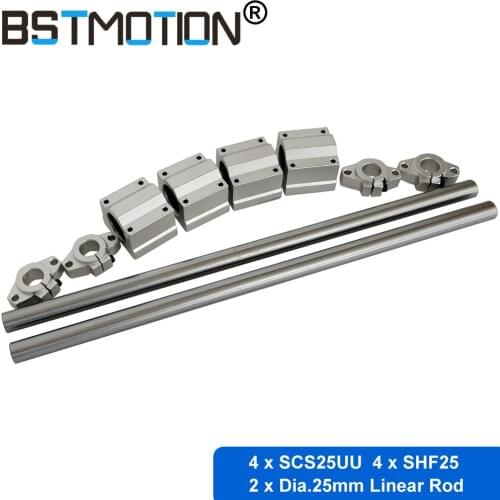 Round linear rail 25mm linear shaft + linear bearing housing SCS25UU + linear rail clamp SHF25 for CNC X Y Z Axis Part