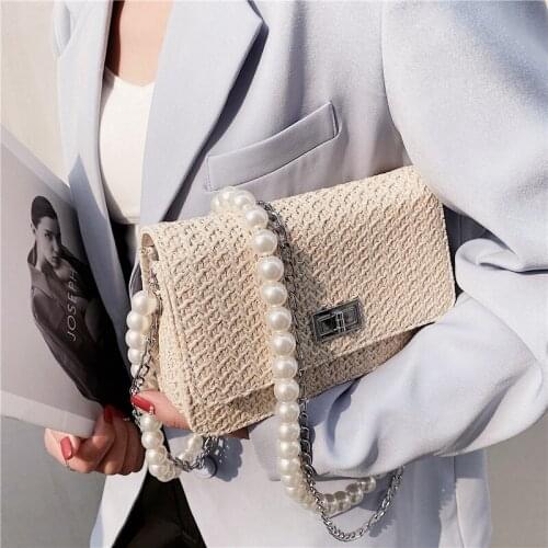 Small Straw Flap Crossbody bag 2021 Summer New Fashion Womens Designer Travel Handbag Pearl strap Shoulder Beach Purses