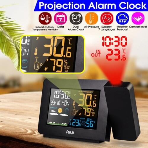 LCD Digital Color Screen Weather Station Wake Up FM Radio Time Projector Projection Clocks Weather Forecasting Alarm Clocks