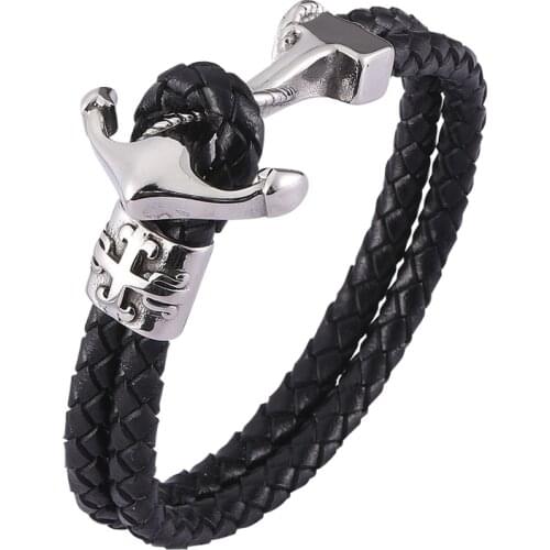 Retro Stainless Steel Cross Anchor Leather Woven Bracelet Men Vintage Braided Bracelets Bangles Male Fashion Jewelry Gift SP0479