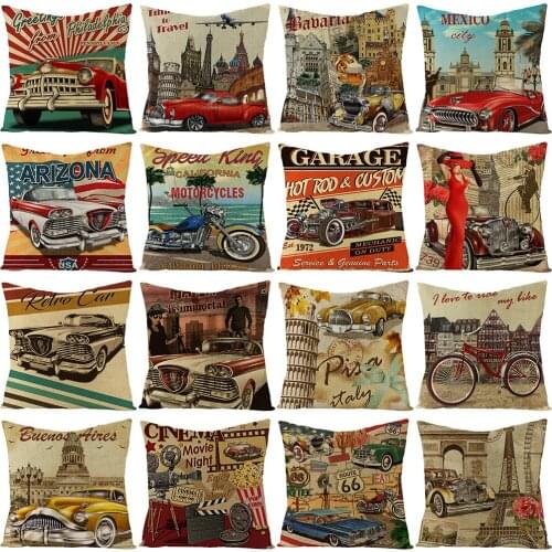 2021 New American Style Vintage Cars Motocycles Print Linen Cushion Cover Hot Retro Cojines Decorativos Para Sofa Throw Pillows