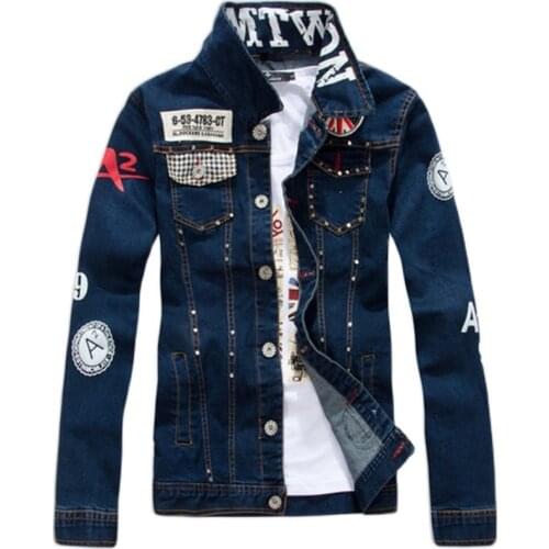 Mens slim British logo patch design rivet jeans casual dark blue washed denim jacket