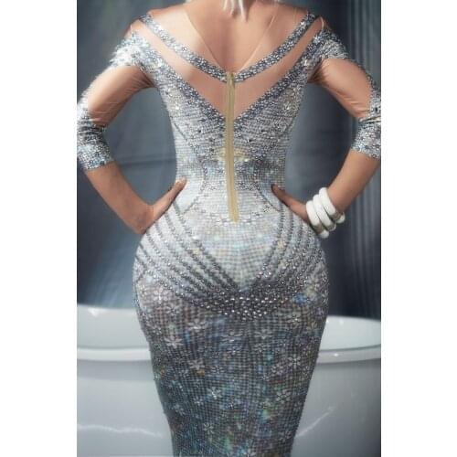 Skinny Dress Prom Nude Stretch Dress Singer Birthday Celebrate Dresses Sparkly Pearl Rhinestone costume