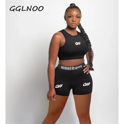 GGLNOO Casual O-neck Vest Shorts Letter Print Sports Suit Seamless Bra Yoga Set High Waist Shorts 2 PCS Sets Womens Tracksuit