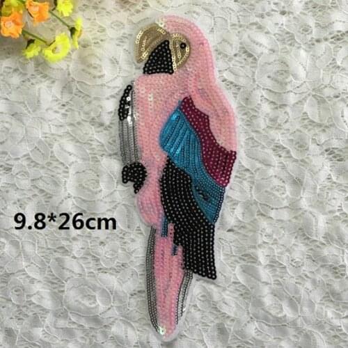 Sale 4pcs/lot Free Ship Pink Color Bird Sequined Parrot Applique Bird Animal Pattern Patch With Sequins Z136