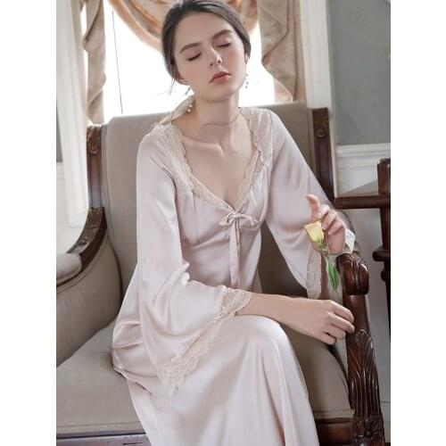 Luxury French Princess Women Long Sexy Nightwear Satin Sleepwear Silk Sleepshirts Nightdress Lingerie Night Wear Dress Gown