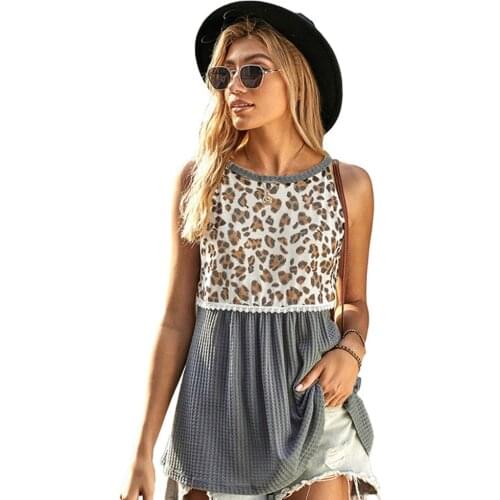Womens Summer Vest Tops Sexy Strapless Fashion Leopard Lace Stitching Casual Loose O Neck Sling Woman Tops 2021 Vetement Femme