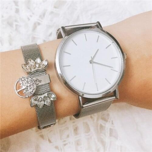 Vinnie Design Jewelry Silver Color Mesh Keeper Bracelets Set with Stainless Steel Wristwatch