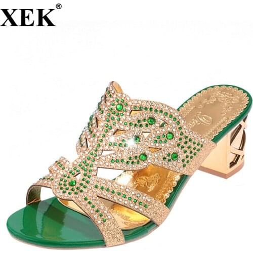 XEK 2018 Summer Womens Rhinestones Slippers Fashion Hollow Out High Heels Sandals Bohemia Style Flip Flops Shoes Woman WFQ86
