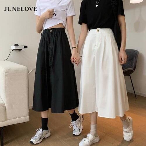 JuneLove 2021 Spring Summer Women Black Elastic Waist A-line Cotton Skirts Safari Style Streetwear With Pockets Korean Fashion