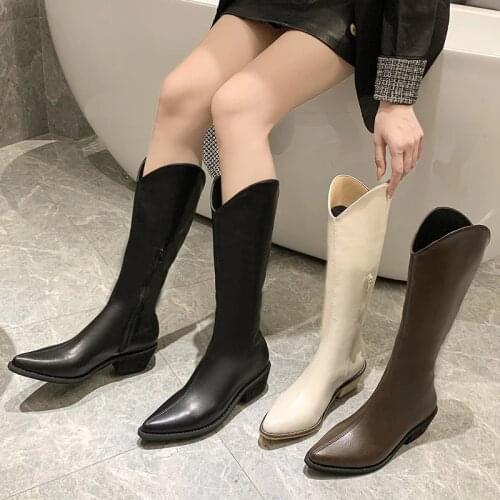 2020 INS Luxury Women Block High Heels Wedges Long Riding Boots Winter Knee High Boots Designer Beige Heels Western Cowboy Boots