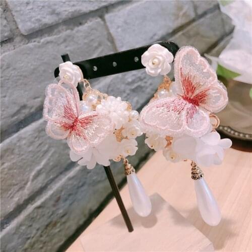 Korean Fashion Flower Butterfly Earring New Arrival Fabric Pearl Drop Earrings Trendy Jewelry for Women