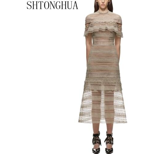 SHTONGHUA Runway Self Portrait Long Dress 2019 Designer Women Lace Hollow Out Ruffles Short sleeve Vintage Slim Party Midi Dress