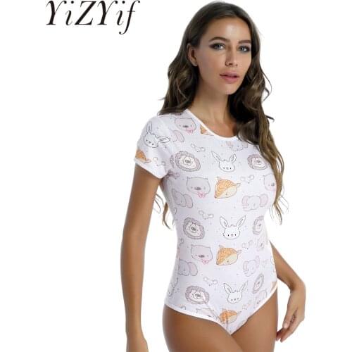 Womens Ladies Summer Cute Cartoon Print Bodysuit Pajama Round Neck Short Sleeve Rompers Jumpsuits Nightwear for Sexy Roleplay