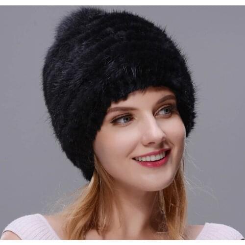Winter Hot Sale Real Mink Fur Hat For Women Knitted Mink Fur Ear Warm Cap The Spiral Beanies Cap With Fox Fur Pompom On The Top