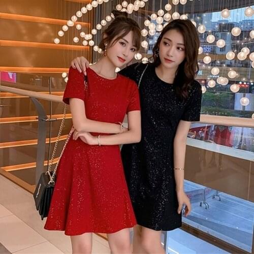 2021 Summer Womens Skirt Dress Red Sexy Short Sleeve A- line Dress Ladies Mini Dress O Neck Casual Slim Pencil Short Vestido