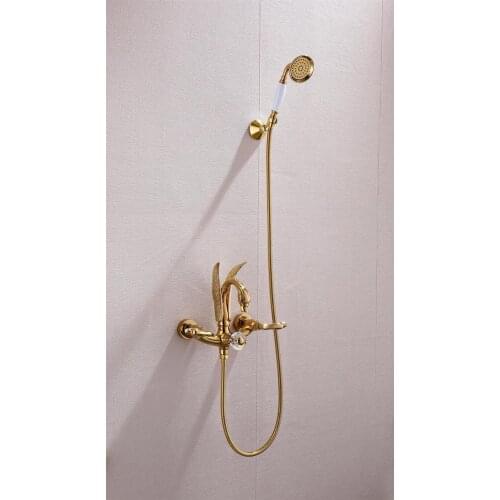 FREE SHIP wall mounted Ti Gold finish SWAN Bath shower Bathtub Faucet WITH white Hand Shower swan handles Luxury tap