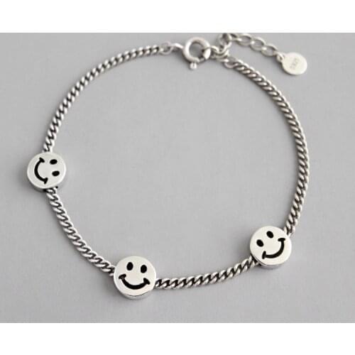 XIHA 925 Sterling Silver Happy Smiley Face Chain Bracelets for Women Cute Girls Korean Fashion S925 Silver Jewelry