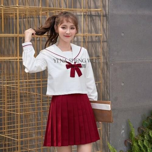 JK School Uniform Red Pleated Skirt Japanese Korean Uniforms for Girls Cosplay Student Costumes Long Sleeve Shirt Women Sets