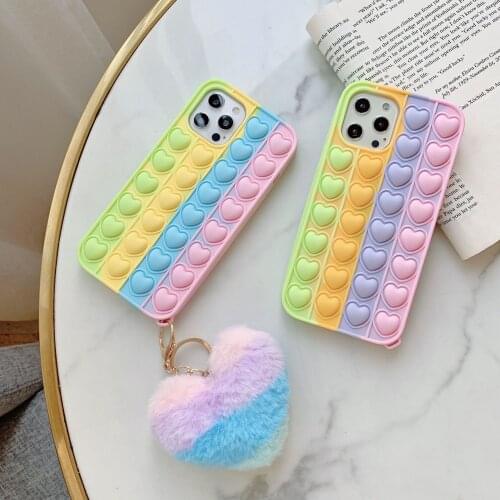 Cute Rainbow Heart Case For Iphone 12 Pro Max 11 6 6S 7 8 Plus X XR XS Max Cover Reliver Stress Bubble Cover With Pendant