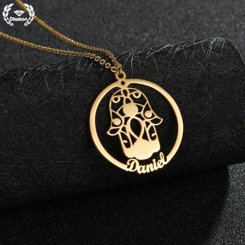 Diamon Fashion Personalized Name Fatima Hand Necklace for Women Customized Hamsa Nameplate Stainless Steel Pendant Jewelry Gift