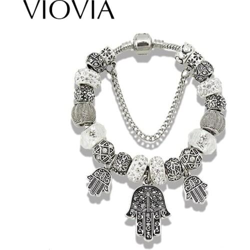 VIOVIA Fashion Jewelry Charm Bracelets & Bangles fits Women bracelet for Women Gift Hamas Hand Charms Carved Flower Bead B15212