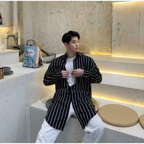 Mens Spring Fashion Long Sleeve Stripe Shirt Youth Casual Loose Long Shirts Tops A4