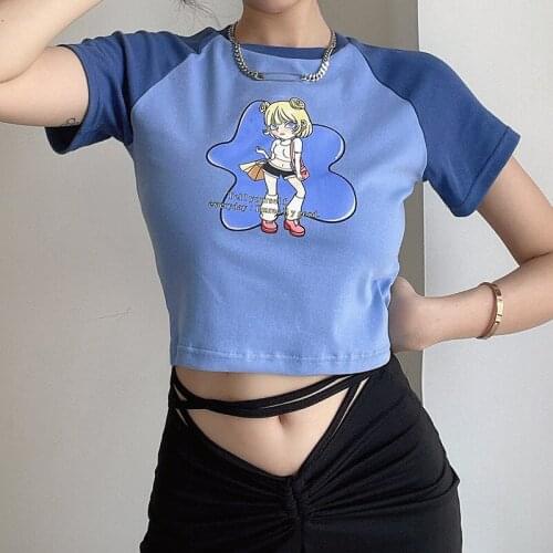 New cute girl print hit color short section slim t-shirt