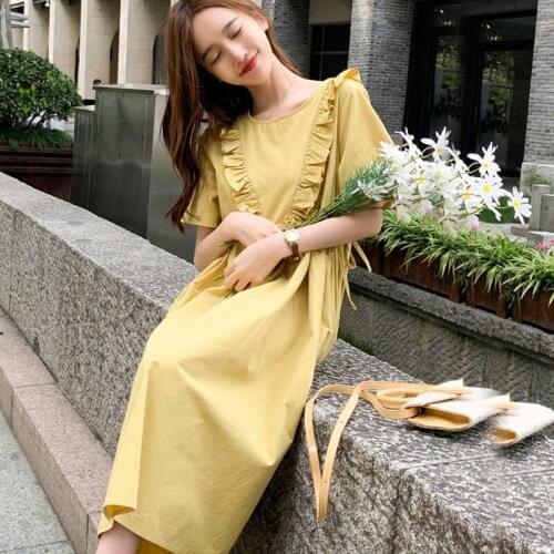 Pregnant Women Solid Dress Clothings Maternity Short Sleeve Fashion Maternity Dress Plus Size Mid Length Dress Washed Cotton