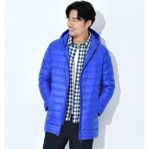 Autumn Winter Men Down Coat Hood Ultra Light White Duck Down Jacket Parkas Male Slim Thin Mid-Long Coats Outwear Oversize AB785