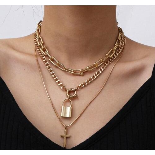 3Pcs/Set Rock U Shaped Chain Choker Necklace for Women Hip-Hop Lariat Padlock Men Pedant Necklace Statement Cross Neck Collar