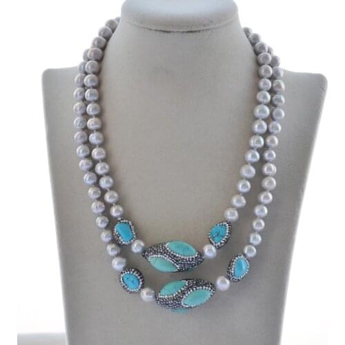MCT·STAR Z10501 38" 30mm Gray Round Pearl Turquoise Shuttle CZ Necklace