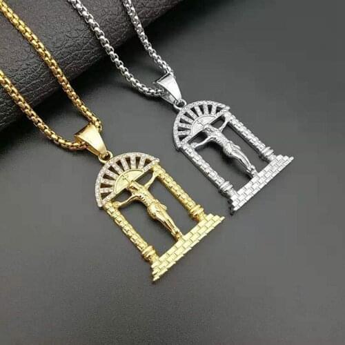 Hip Hop Gold Silver Color Stainless Steel INRI Crucifix Jesus Heaven Gate Pendant Necklace for Men Rapper Jewelry Drop Shipping