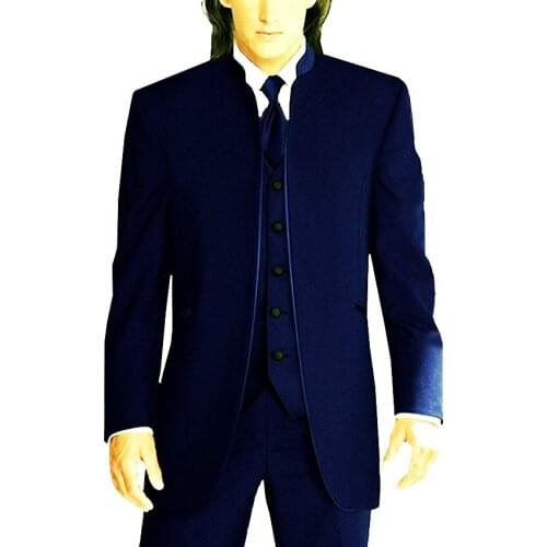Custom Made Groomsmen Navy Blue Groom Tuxedos Mandarin Lapel Men Suits Wedding Best Man Blazer ( Jacket+Pants+Vest+Tie ) C470