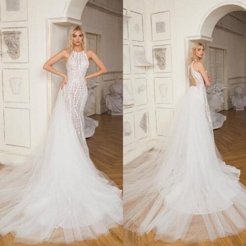 2020 Wedding Dresses Jewel Sleeveless Appliques Lace Bridal Gowns Custom Made Backless Detachable Train Mermaid Wedding Dress