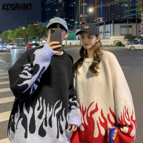 KOSAHIKI Autumn Winter Hip Hop Flame Sweaters Harajuku Design Loose Pullovers Knitted Sweaters Women Men Clothing Top Streetwear