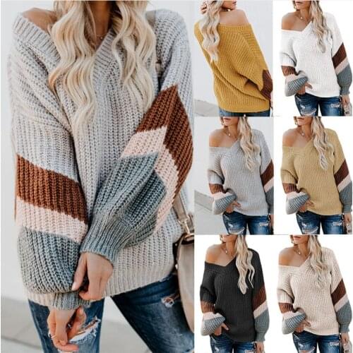 Autumn And Winter New European And American V-neck Knitted Stitching Large Size Loose Sweater black white gray yellow green