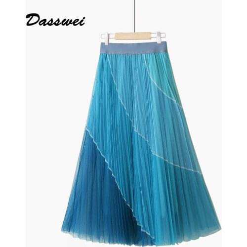 DASSWEI Fashion Patchwork Pleated Mesh Skirt For Women Casual Elastic High Waist Midi Skirt Femme 2021 Spring Fairy A-Line Skirt