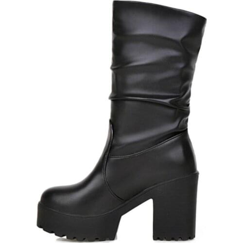 New Solid Square High Heels Round Toe Platform Shoes For Women Casual Winter Boots Female Large Size 34-46