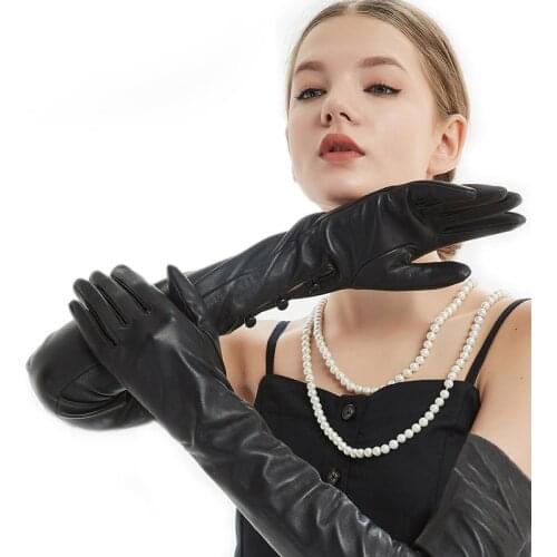 Women 80cm(31.5")long three wrist buttons real sheep leather gloves